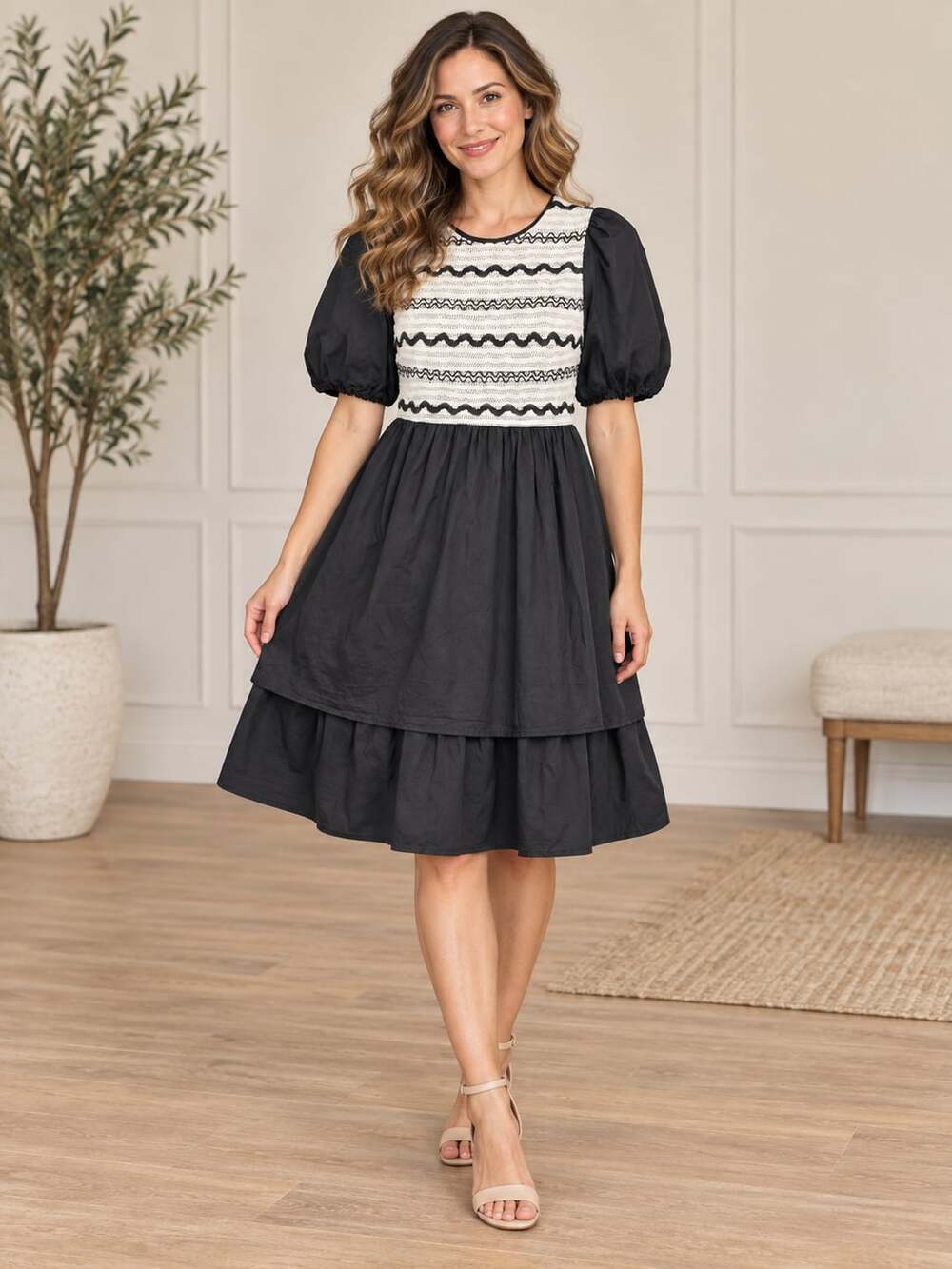 Polagram Dress Women’s M Black White Embroidered Puff Sleeve High Low Midi